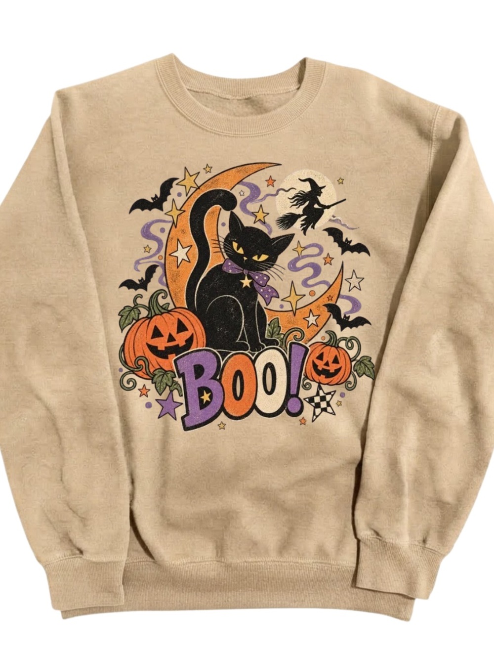 Gildan Tan Halloween Cat 'BOO!' Graphic Crewneck Sweater